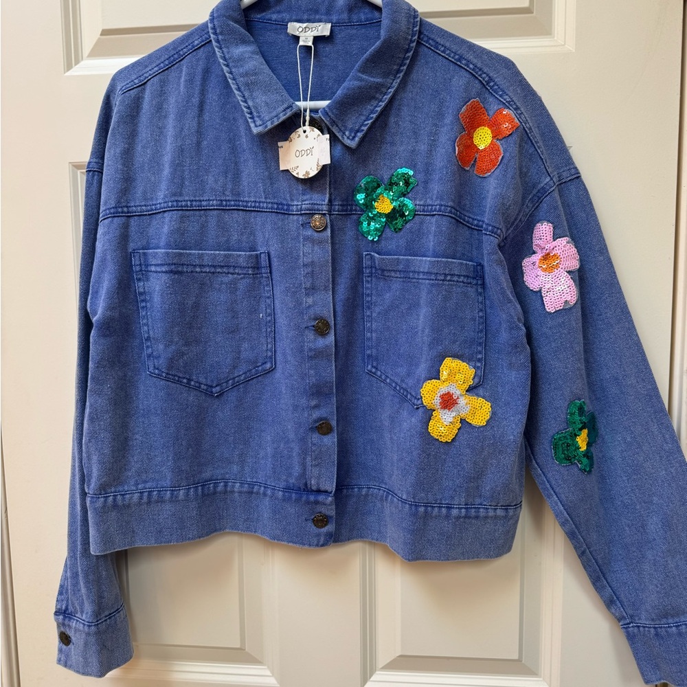 Oddy Blue Denim Jean Jacket with Sequin Flower Accents